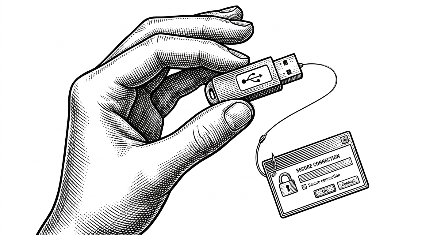A close-up of a human hand holding a USB drive that unravels into a fishing line, with a shiny computer dialog box attached as the lure.