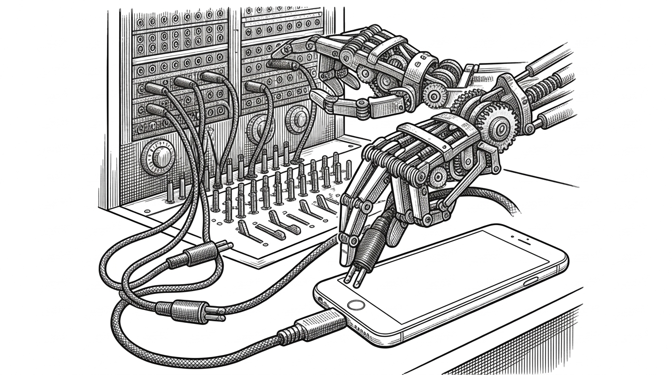 A vintage telephone switchboard being operated by mechanical hands, plugging physical braided cables directly into the back of a sleek, modern smartphone.