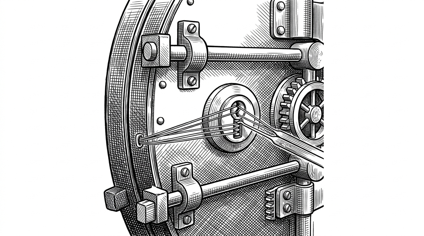 A close-up of a heavy bank vault door being picked by a delicate tool made of silver threads shaped like the letters TLS.