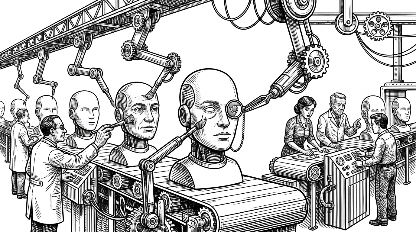 An assembly line of mechanical arms painting realistic human masks onto blank robotic heads.