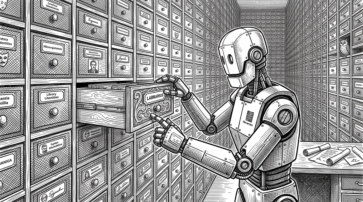 A robotic librarian sliding a new drawer labeled with a platform logo into an infinite cabinet of identical slots.