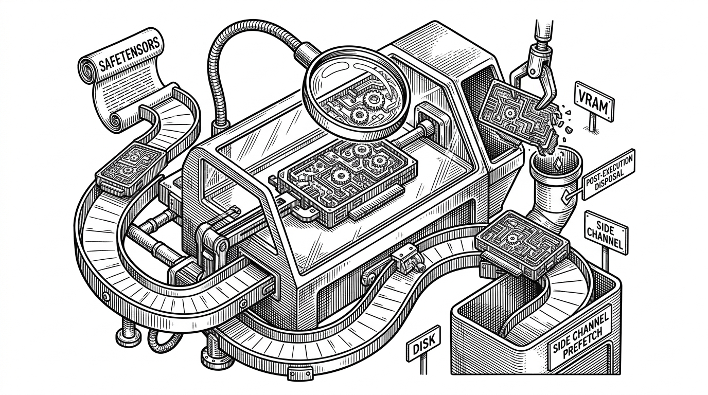 A close-up cross-section shows one transformer layer under an inspection lamp as it is loaded from a safetensors file into a tiny VRAM workspace. A second layer is already approaching through a side channel from disk while a mechanical arm clears the previous layer out of the GPU after execution. The image explains how AirLLM overlaps I/O and compute, and why the speed limit shifts from memory fit to disk bandwidth.