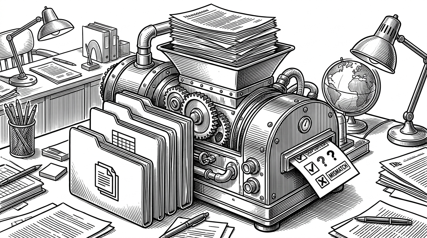 A wide editorial scene of transcripts, fund reports, and data folders feeding into a central evidence engine. The output is a stamped verdict card, showing how the repository turns public claims into auditable judgments.