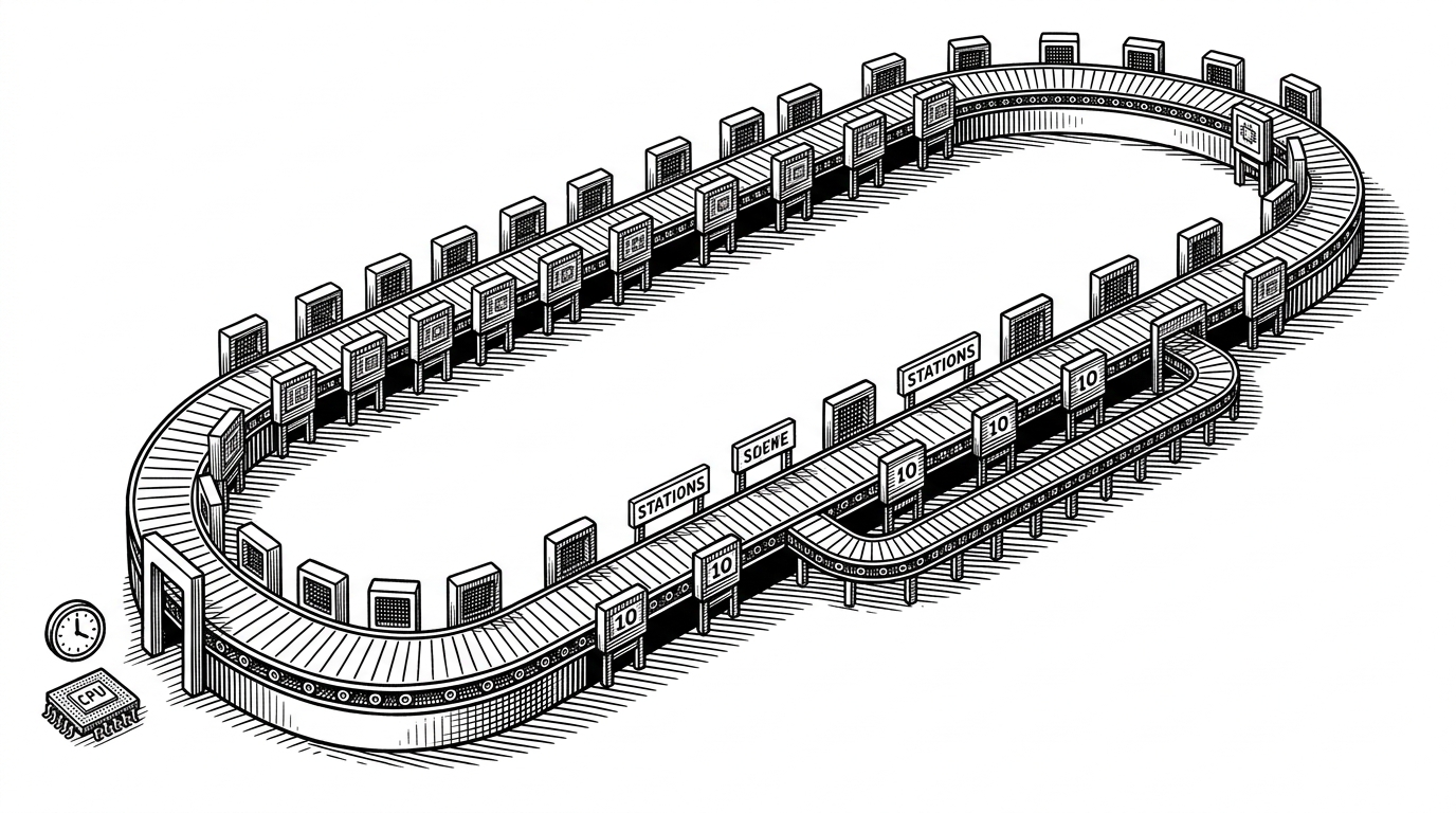 A close-up view of a single looped assembly line shows 60 stations arranged in sequence. Most stations are identical, but some are marked as a different attention mode and branch briefly to a side track before rejoining the loop. A muted CPU clock sits outside the factory floor, showing that the host is waiting while the compiled loop keeps moving. It explains how rvLLM keeps the whole forward pass inside one compiled TPU region.