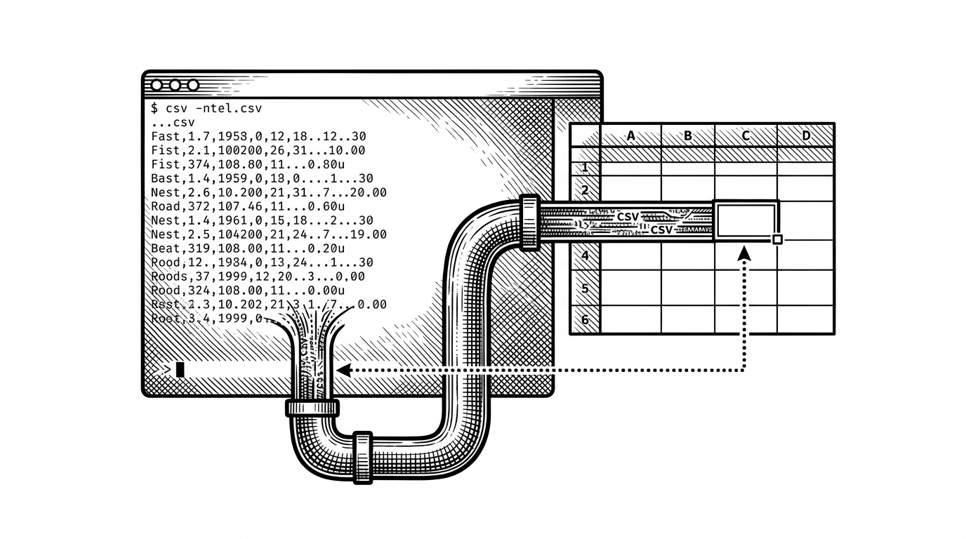 A wide terminal window sits beside a sparse spreadsheet grid, with a CSV stream flowing through a pipe into the sheet. One cell is being edited from the command line while the rest of the grid stays visible and orderly. The image explains that the same data can be both inspected and modified without leaving the shell.