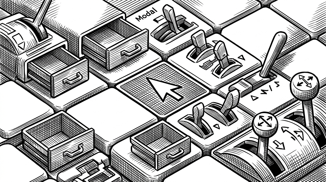 A close-up editorial illustration of a keyboard-driven spreadsheet session, with a central cell cursor surrounded by small mechanical switches and registers. The image explains how modal keybindings turn spreadsheet editing into a precise control surface instead of a mouse-heavy workflow.