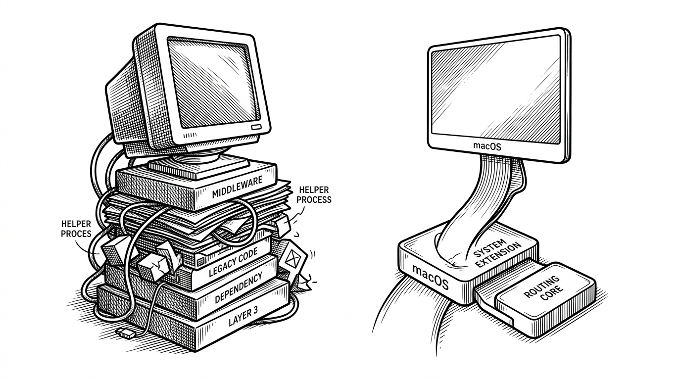 A split composition compares a bulky desktop client stacked on multiple thick layers with a slimmer native macOS stack that routes directly into a system extension. The left side feels overbuilt and heavy, while the right side feels tighter and more integrated. It clarifies that BaoLianDeng competes on architectural discipline rather than feature sprawl.