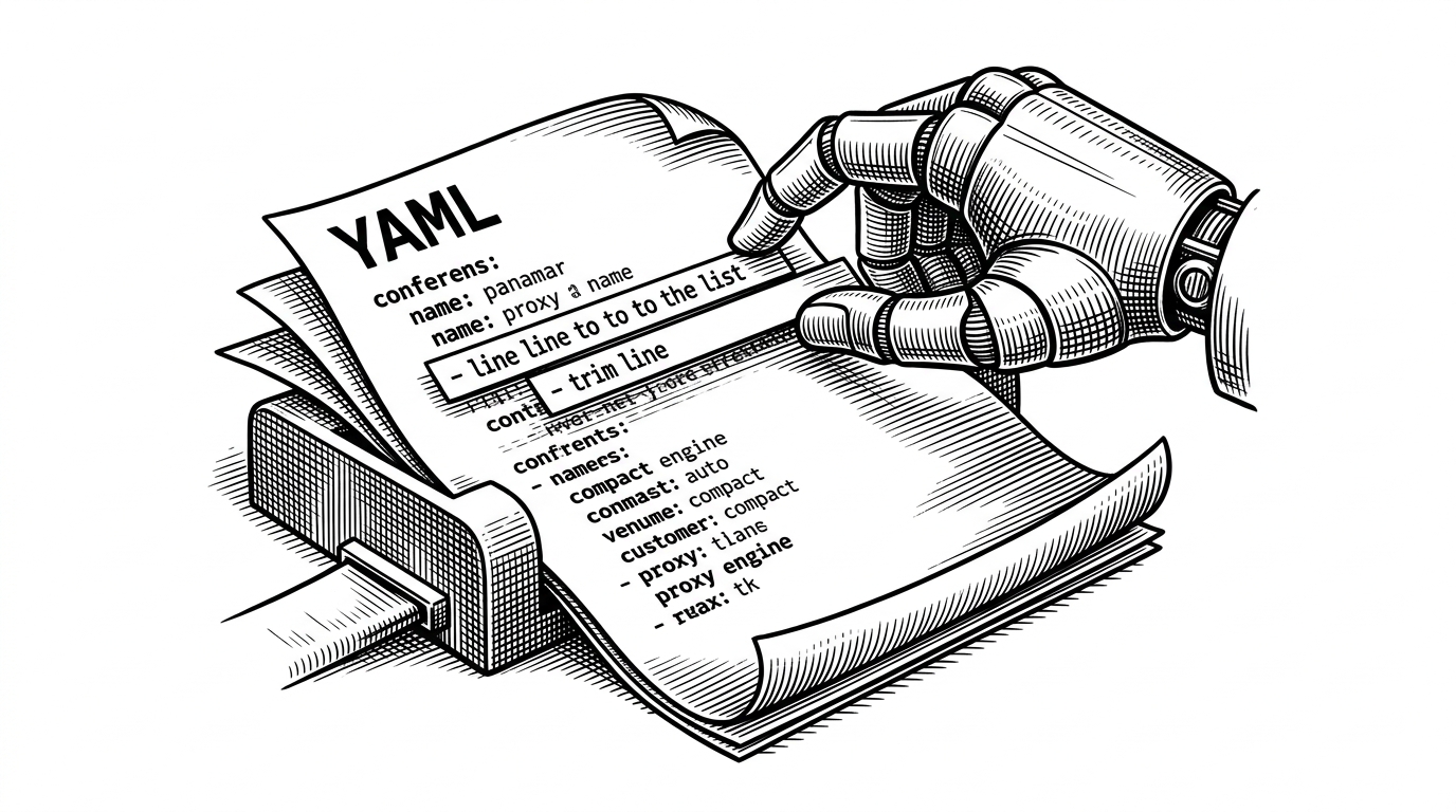 A close-up of a YAML configuration sheet being adjusted by a precise mechanical hand before it enters a compact proxy engine. One line is lifted to the top of a list and another is trimmed into place, making the file look like it has been surgically prepared for runtime use. It explains that the app rewrites configuration before the engine starts instead of treating config as a passive document.