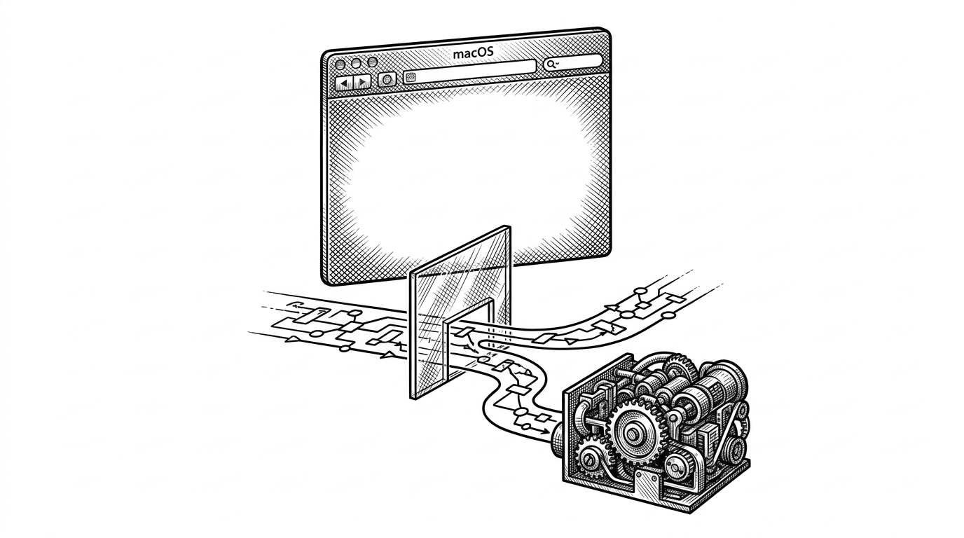 A macOS-style desktop window floats above a stream of network traffic that is intercepted by a transparent gate before it can rush into a tunnel. The flow splits into direct and proxied paths, then feeds a compact engine room that suggests multiple layers working together. It explains that BaoLianDeng is a flow router with a control plane, not just a branded tunnel.