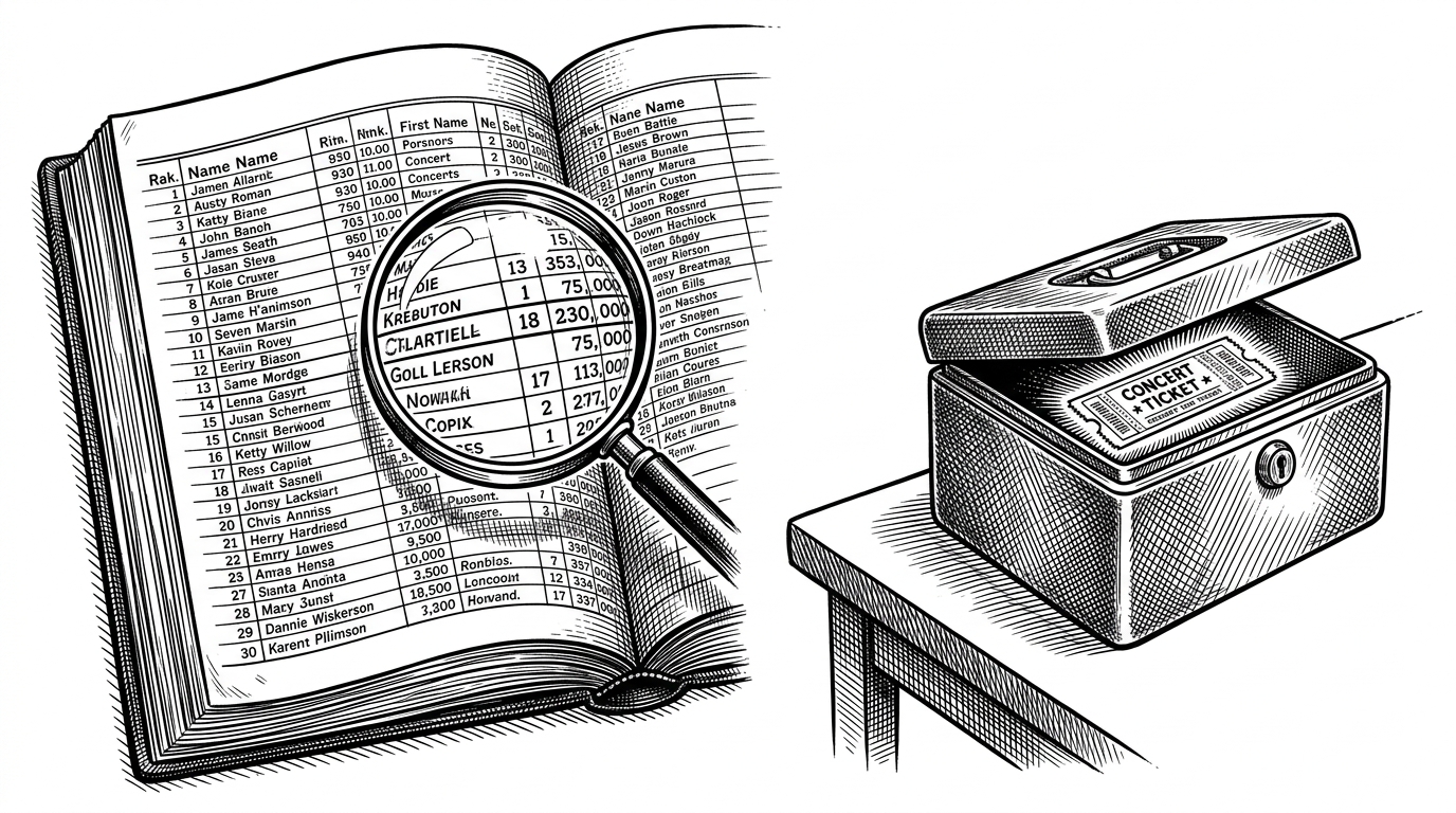 A split composition showing an open ledger book on the left and a heavy steel lockbox on the right containing a glowing ticket. This illustrates the difference between ledger-oriented and resource-oriented state management.