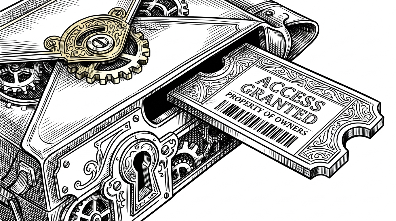 A close up of a mechanical brass envelope mechanism receiving an ornate metal ticket. This represents the TicketEnvelope struct in Move where assets are securely stored in user-owned containers.