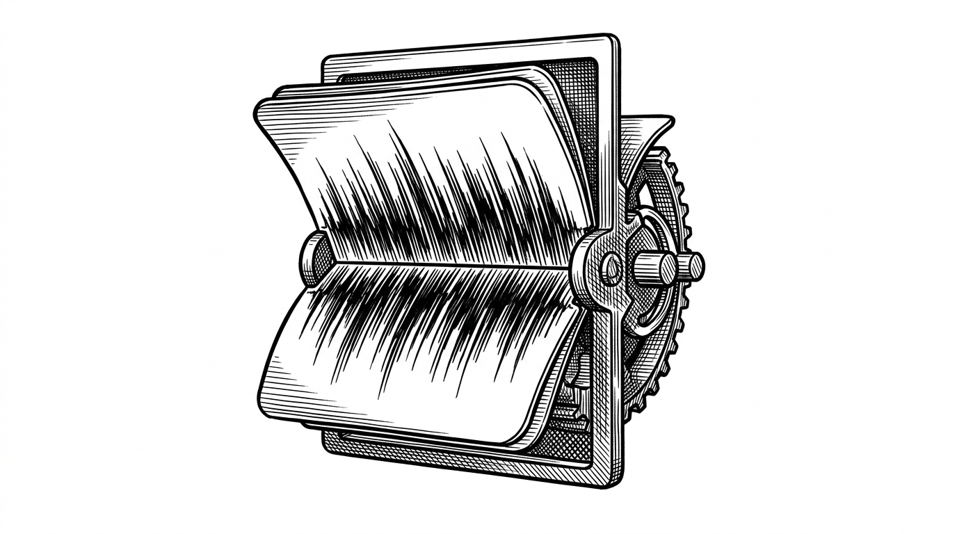 A macro view of a single mechanical split-flap tile mid-rotation. Instead of a letter printed on the plastic flap, the surface is engraved with a dense, jagged audio waveform.