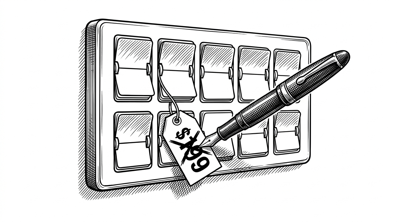 A classic split-flap mechanical board mounted on a wall. Hanging from one of the plastic flaps is a physical retail price tag reading '$199'. A heavy, crosshatched fountain pen is aggressively crossing out the price tag with thick black ink.