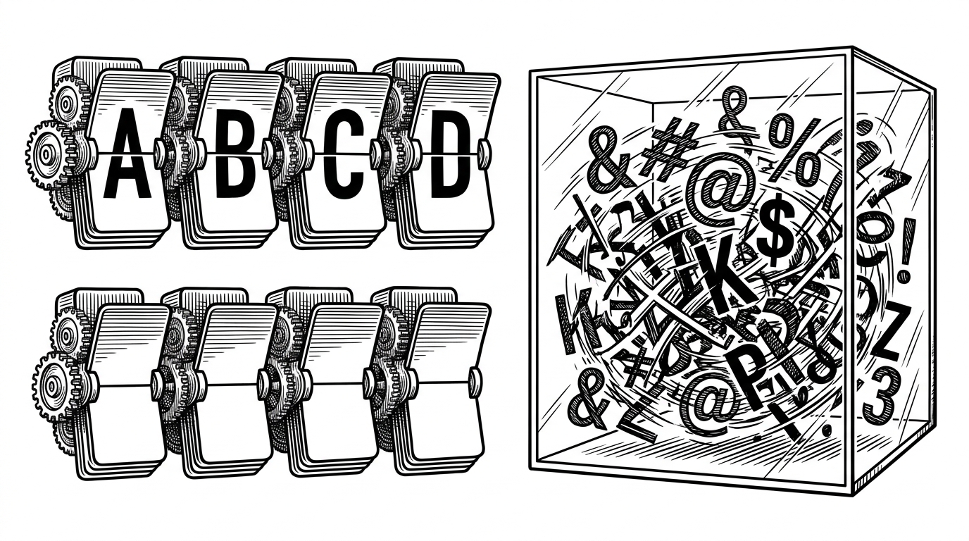 Two rows of mechanical flaps. The top row shows a sequential, orderly progression of gears and letters (A, B, C, D). The bottom row is a chaotic, motion-blurred storm of overlapping typographical symbols contained inside a single pristine glass box.