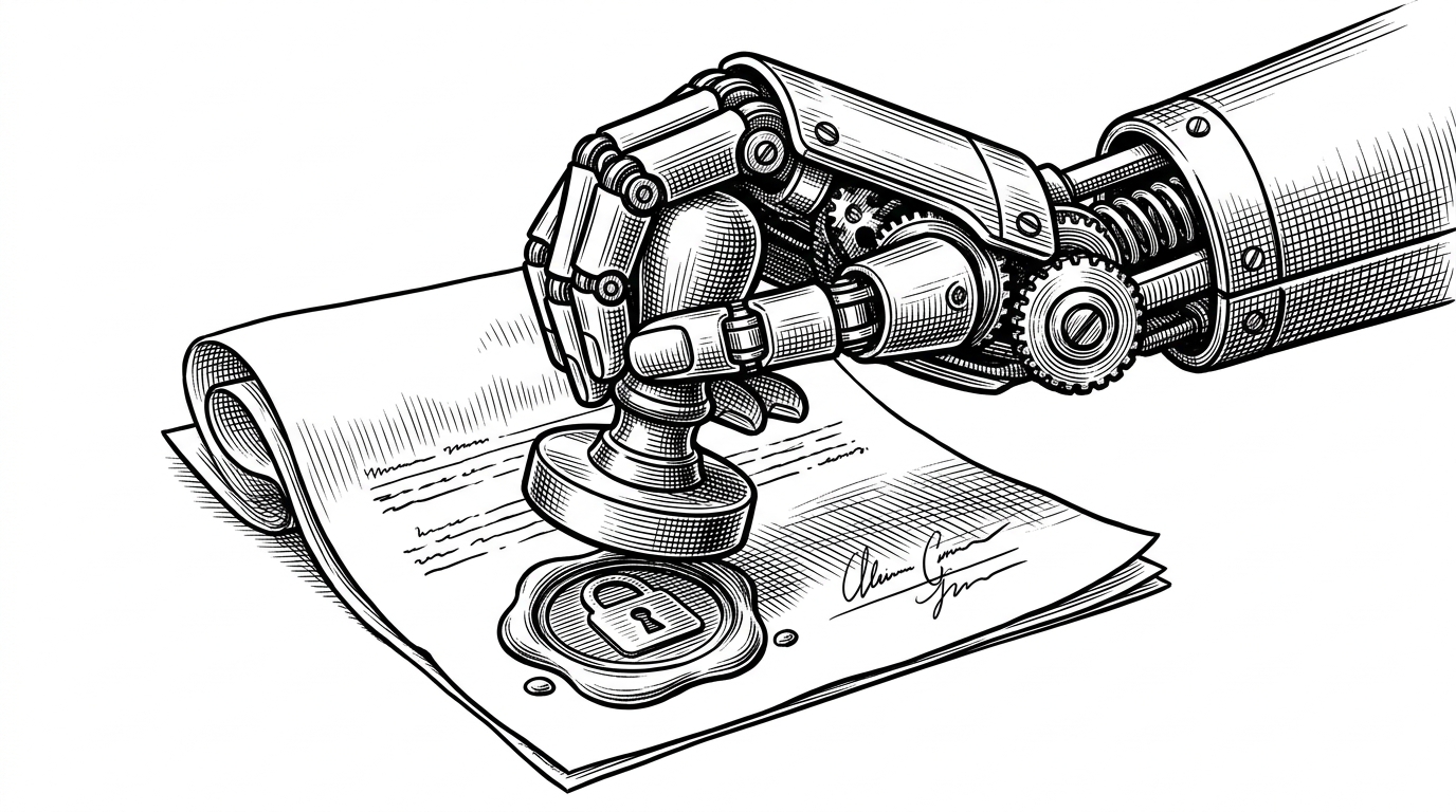 A mechanical brass hand pressing a heavy wax seal stamp onto a thick parchment document, representing cryptographic authorization.