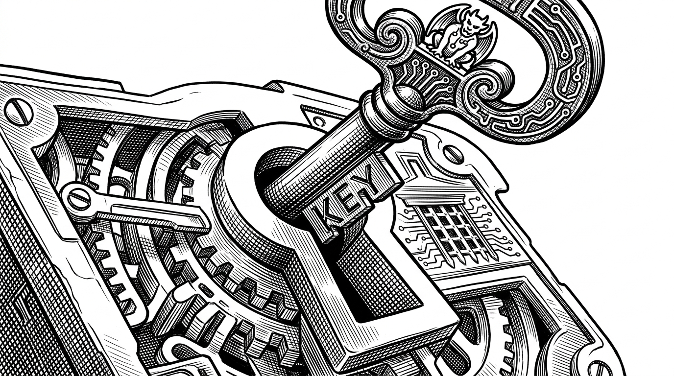 An extreme close-up of a heavy, ornate iron key being inserted into a mechanical lock, symbolizing the 'has key' ability in Move.