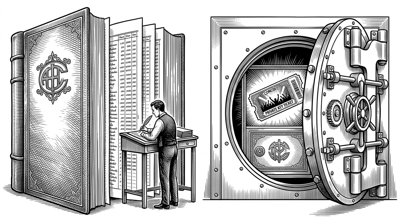 A massive ledger book next to a heavy steel vault door revealing a single glowing concert ticket. This illustrates the difference between centralized state mapping and decentralized resource storage.