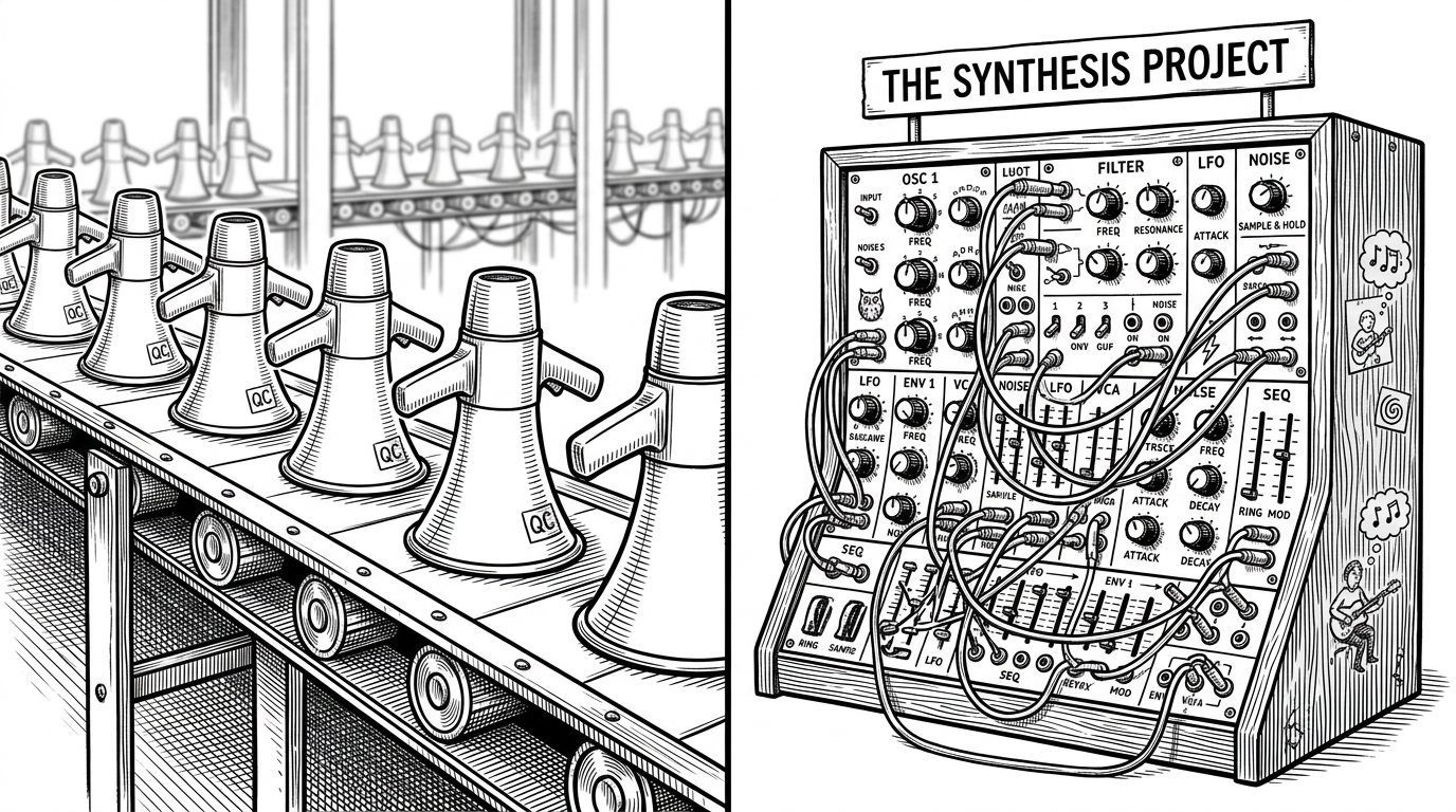A split composition. Left: a sterile, identical row of plastic megaphones on a conveyor belt. Right: a bespoke, heavily customized analog synthesizer covered in patch cables and handwritten labels. This contrasts generic AI output with Syntsch's culturally tuned output.