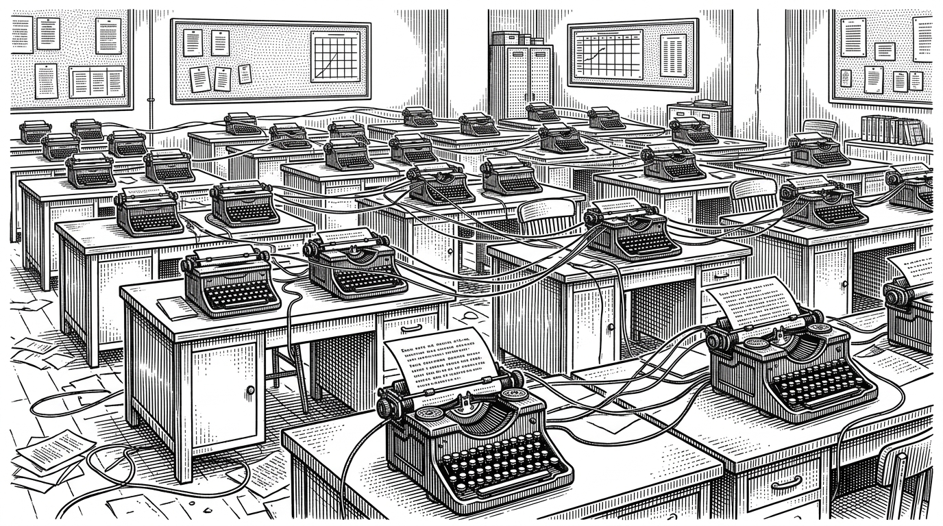 A classic 1920s newsroom with empty desks, where typewriters strike their own keys connected by a web of taut telegraph wires. This illustrates the autonomous nature of the Syntsch editorial pipeline.