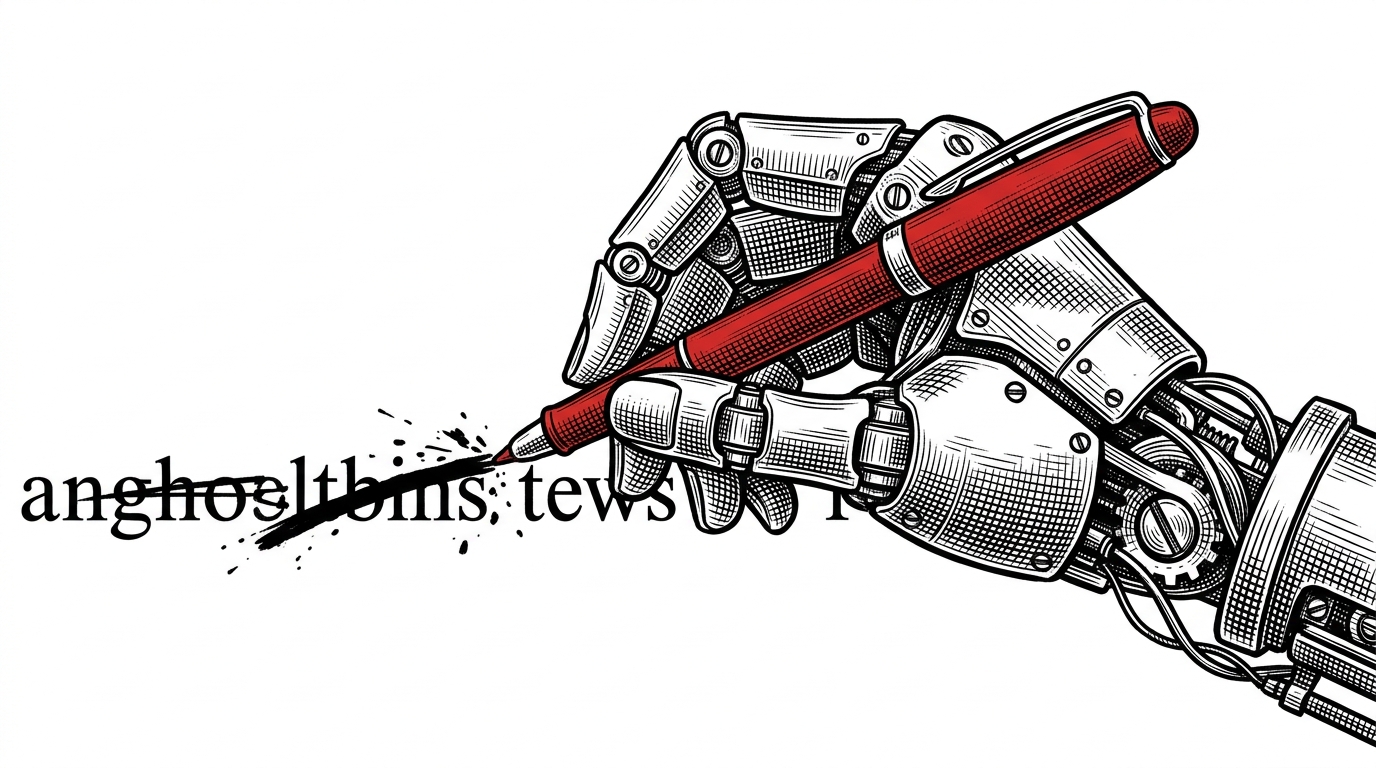 A close-up of a mechanical hand holding a red proofreader's pen, aggressively striking through a line of perfectly set lead typography. This represents the AI's self-critique and revision process.