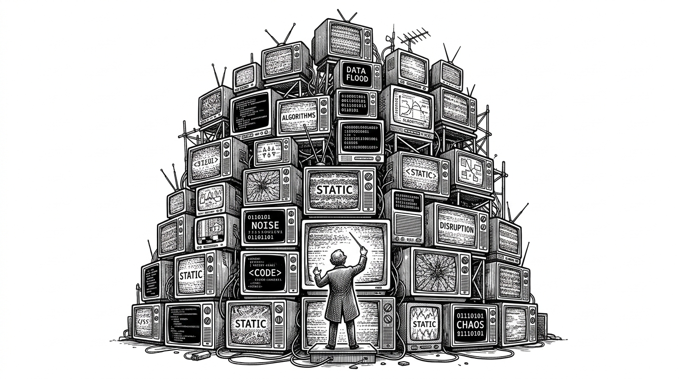 A towering wall of retro television screens displaying dense code, with a single human conductor at the bottom. This illustrates the cognitive overload of managing multiple AI agents.