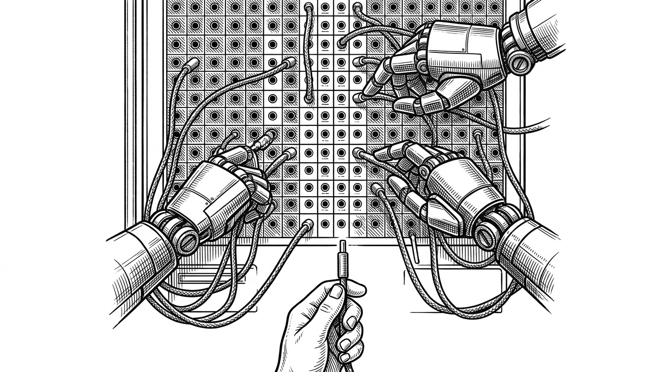 A classic 1920s telephone operator switchboard where mechanical hands rapidly plug cables into ports, while a single human hand struggles with one cable. This illustrates the human-in-the-loop bottleneck when managing multiple AI agents.