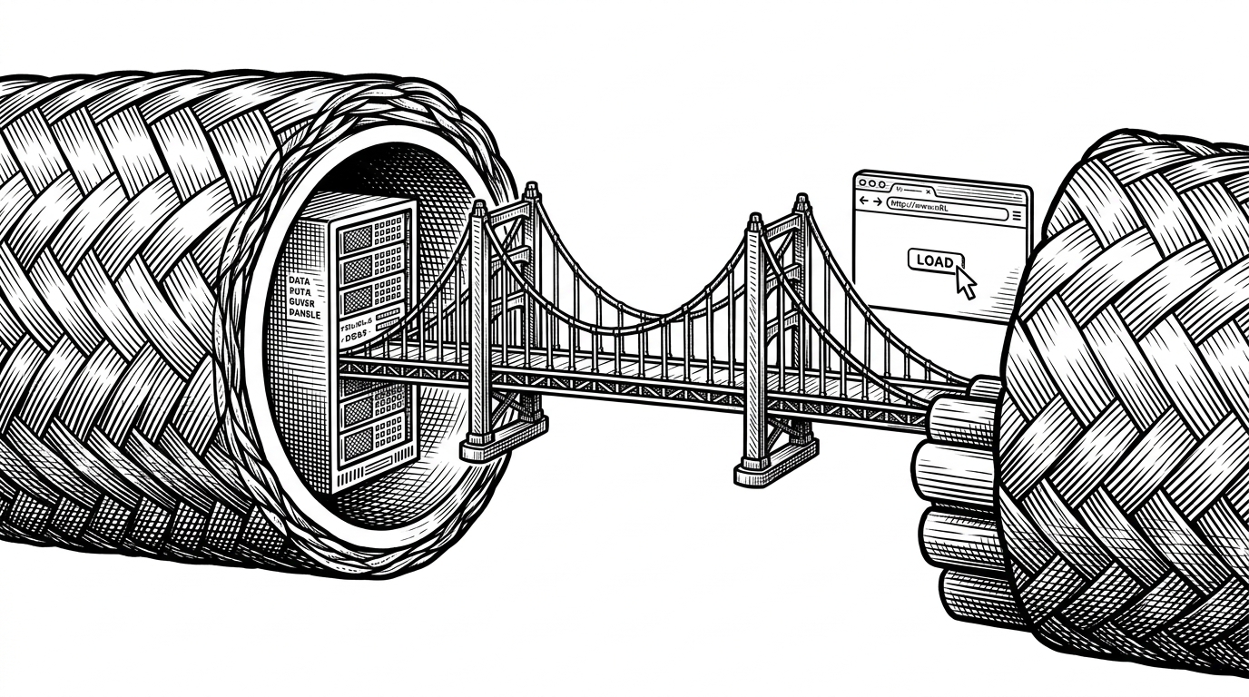 An extreme close-up of a sliced data cable revealing a tiny suspension bridge connecting a server rack to a browser window inside the hollow center. This illustrates tunneling localhost traffic over SSH.