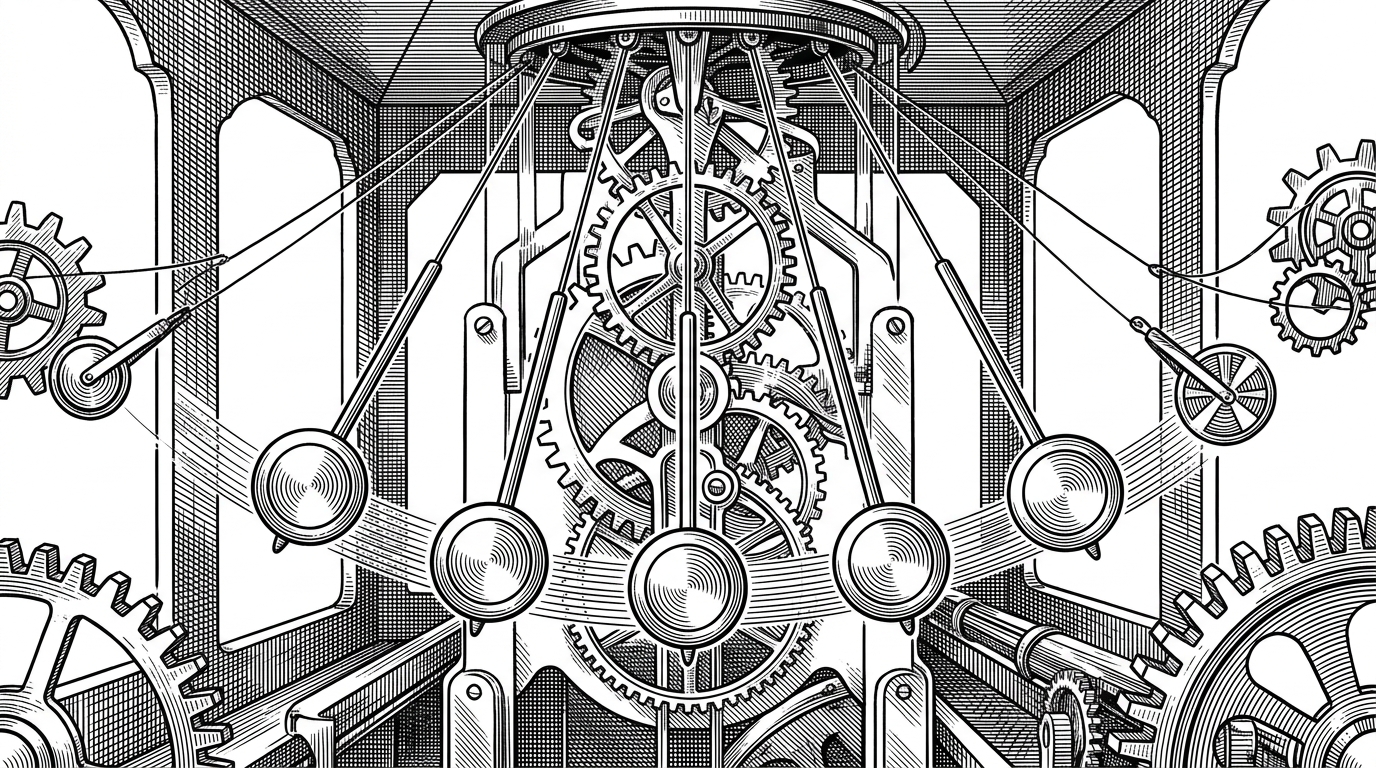 A vast, pristine clockwork mechanism where multiple distinct pendulums swing in perfect unison, pulling fine taut threads. This represents synchronized distributed state across multiple clients.
