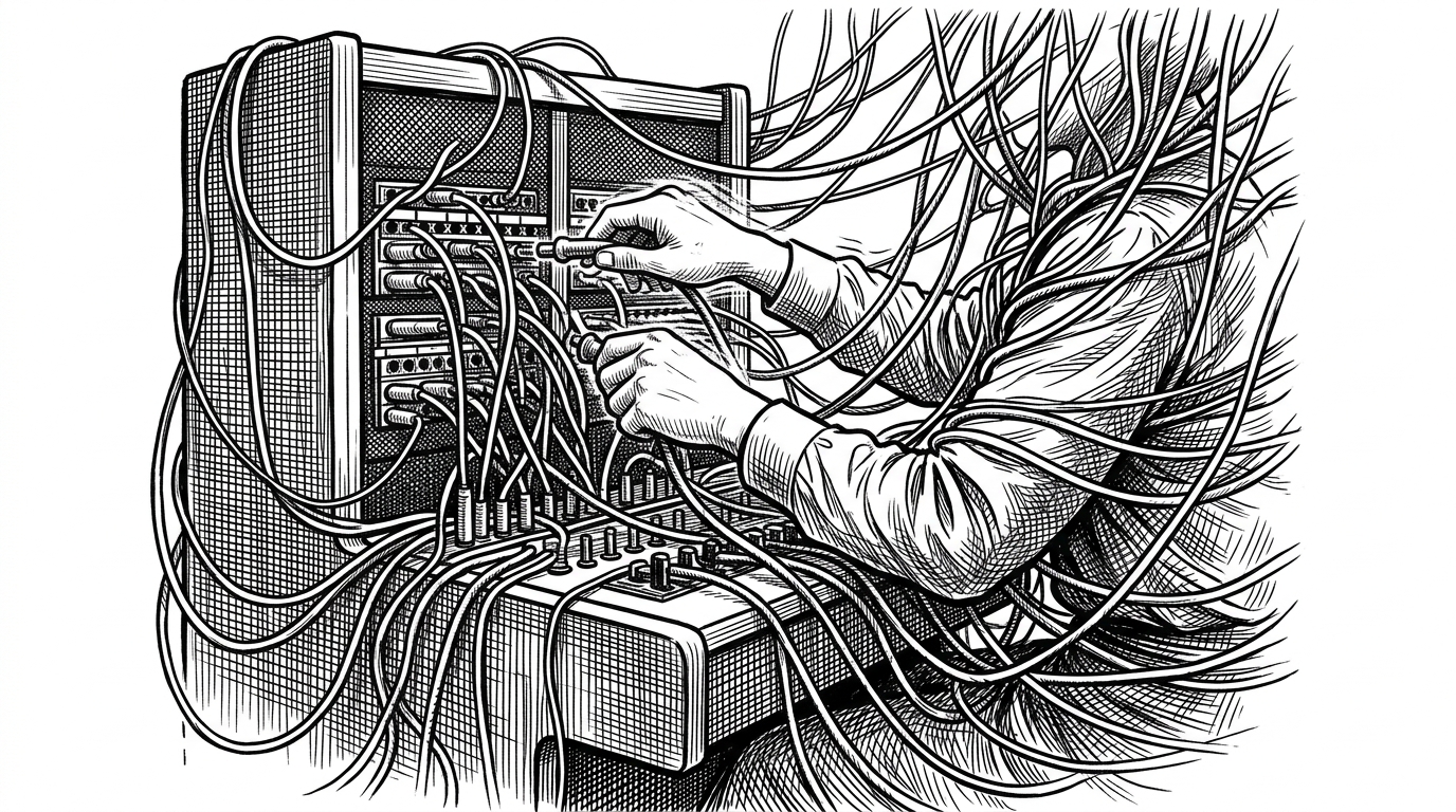 An old-fashioned telephone switchboard overflowing with a chaotic, tangled mess of cables. The operator's hands are a blur trying to plug and unplug cables into unmarked sockets. Represents the traditional WebSocket/Redux boilerplate.
