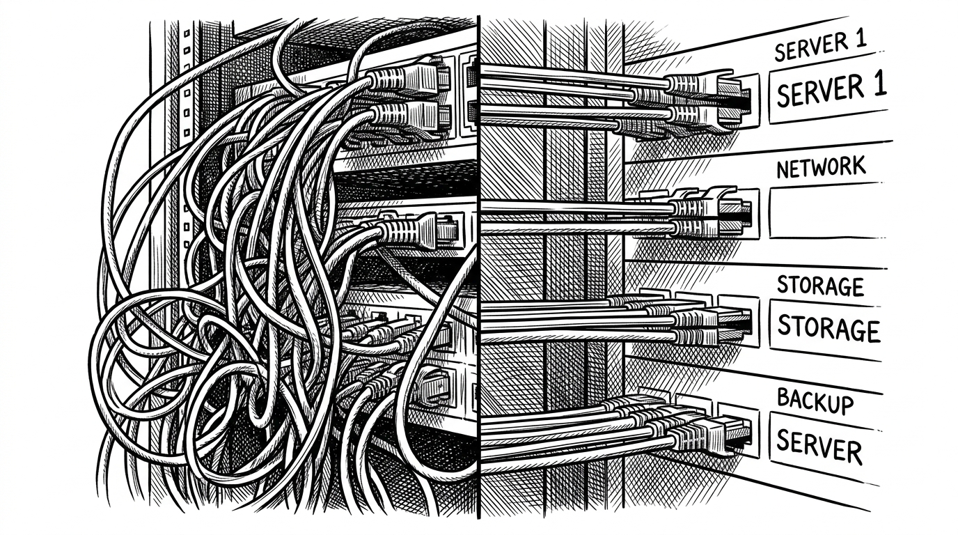 A split composition showing a tangled knot of messy cables on the left, and a neatly organized patch panel with straight wires on the right.