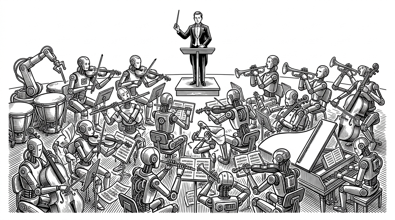 A chaotic orchestra pit filled with mechanical robotic arms playing different instruments out of sync, while a single human conductor stands calmly at a sleek podium.