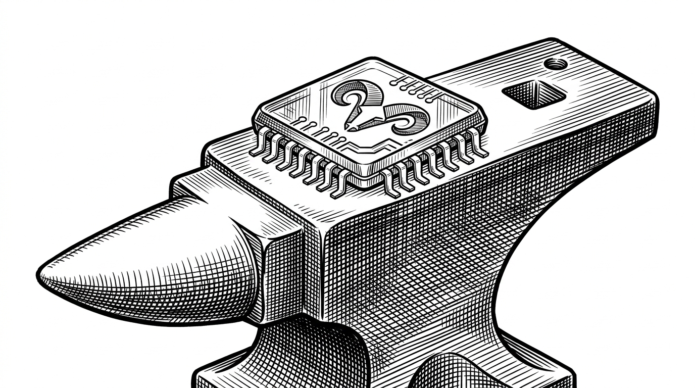 A macro close-up of a delicate glass microchip resting on top of a heavy, solid metal anvil.