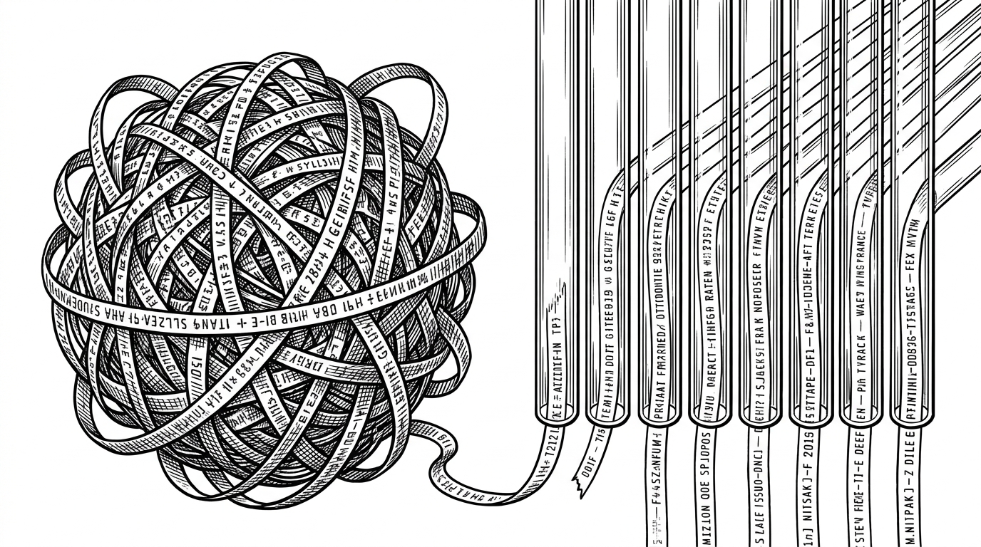A tangled ball of ticker-tape contrasted with neatly organized parallel glass tubes containing straight ticker-tape. This shows the difference between traditional terminal chaos and cmux organization.
