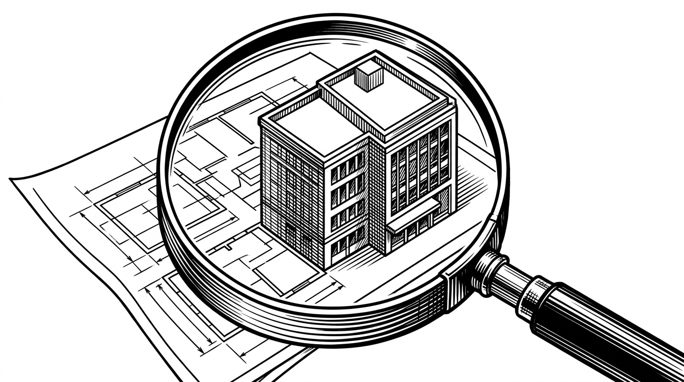 A magnifying glass held over a blueprint, where the lines inside the lens become a 3D building. This represents the integrated browser turning code into verifiable UI.