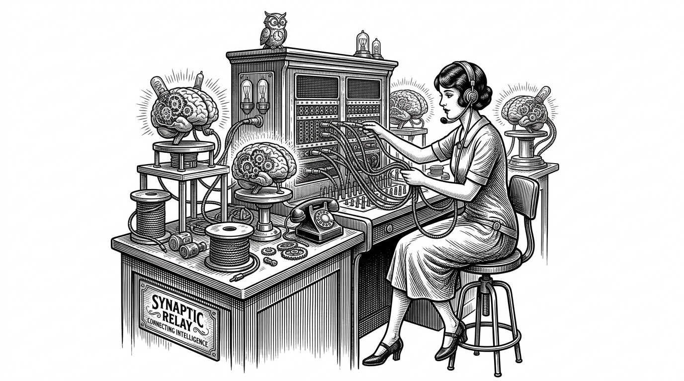 A 1920s telephone switchboard operator plugging cables into glowing mechanical brains instead of phone jacks. This illustrates the shift from writing code to orchestrating multiple AI agents.