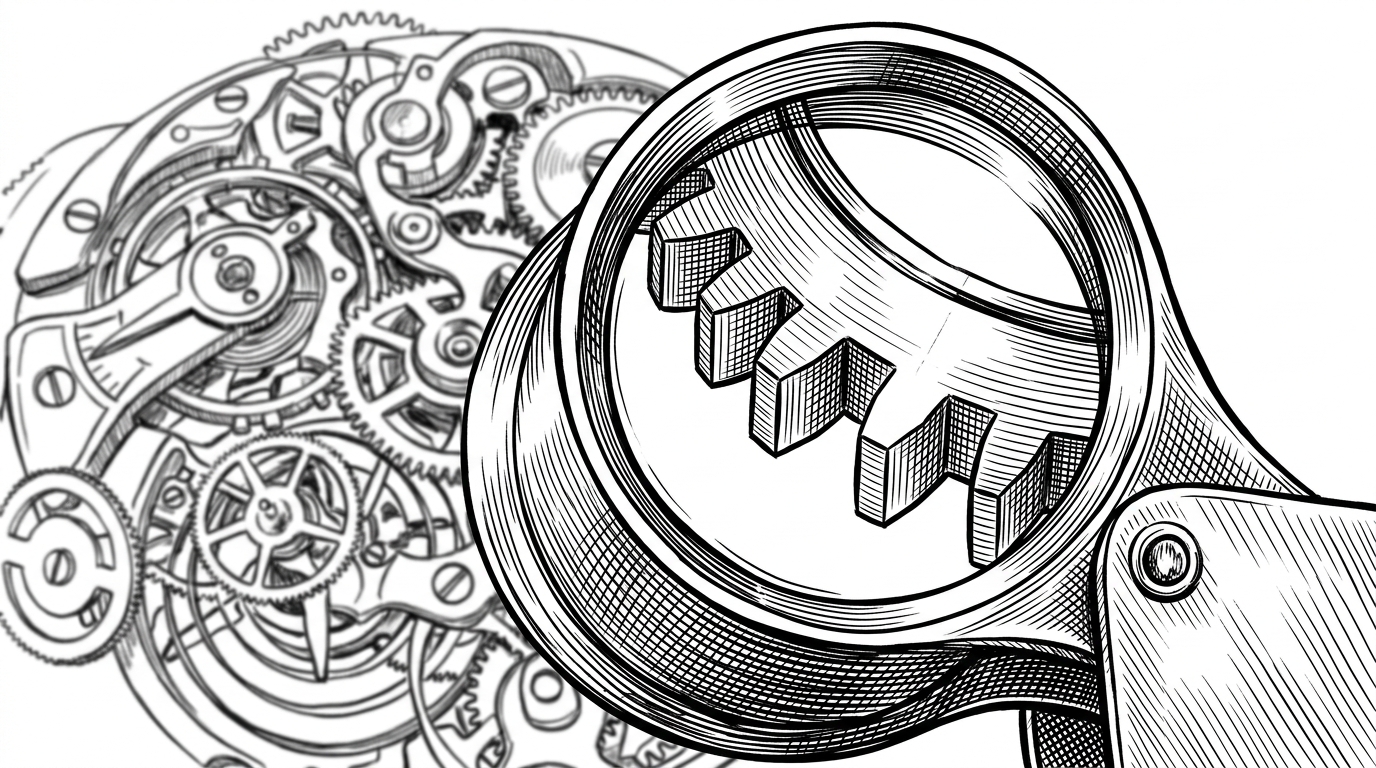 A jeweler's loupe inspecting a single perfectly machined gear tooth, with chaotic messy clockwork out of focus in the background.