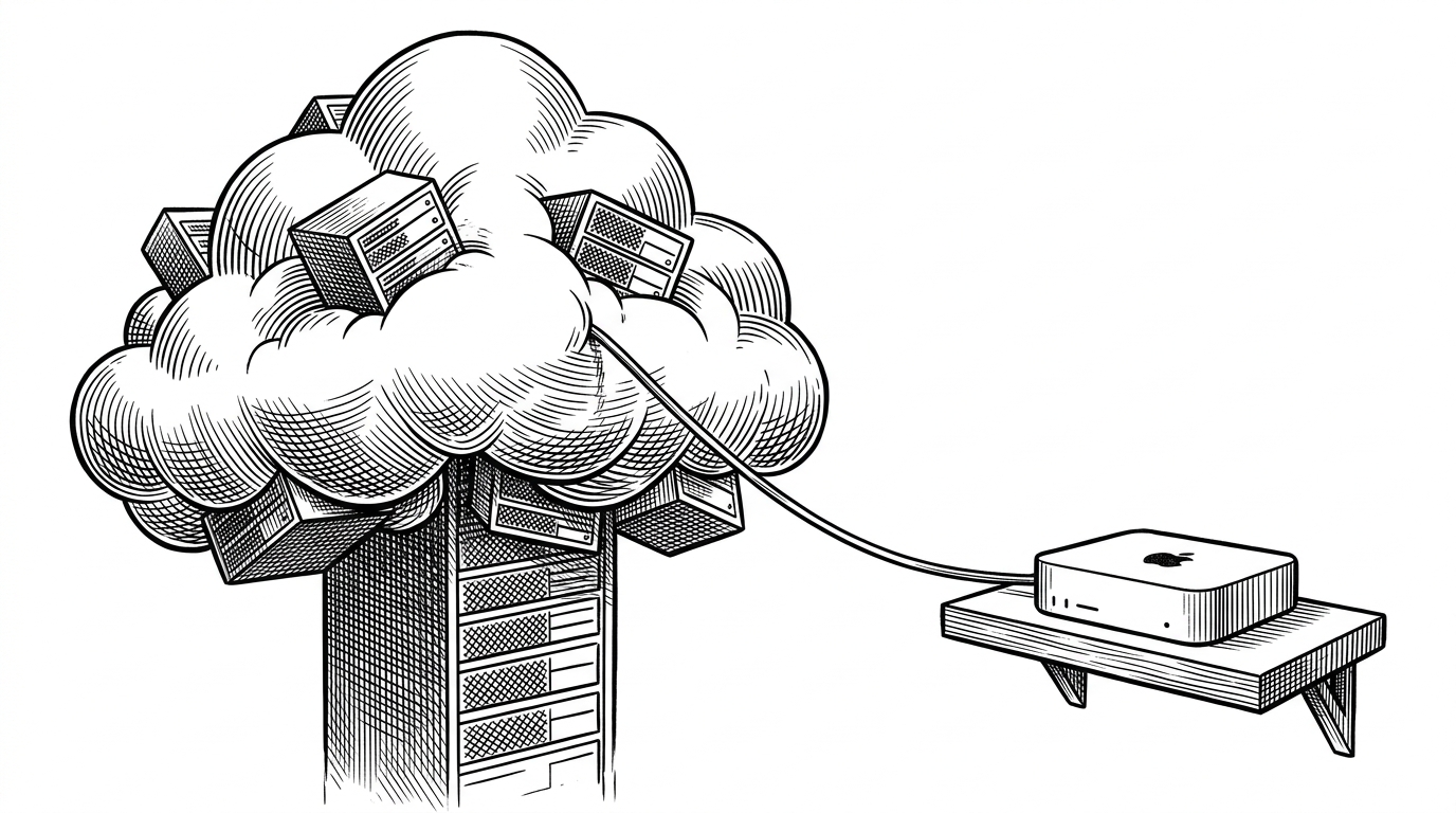 A towering cloud server rack connected by a single taut wire to a small Mac Mini desktop on a wooden shelf.
