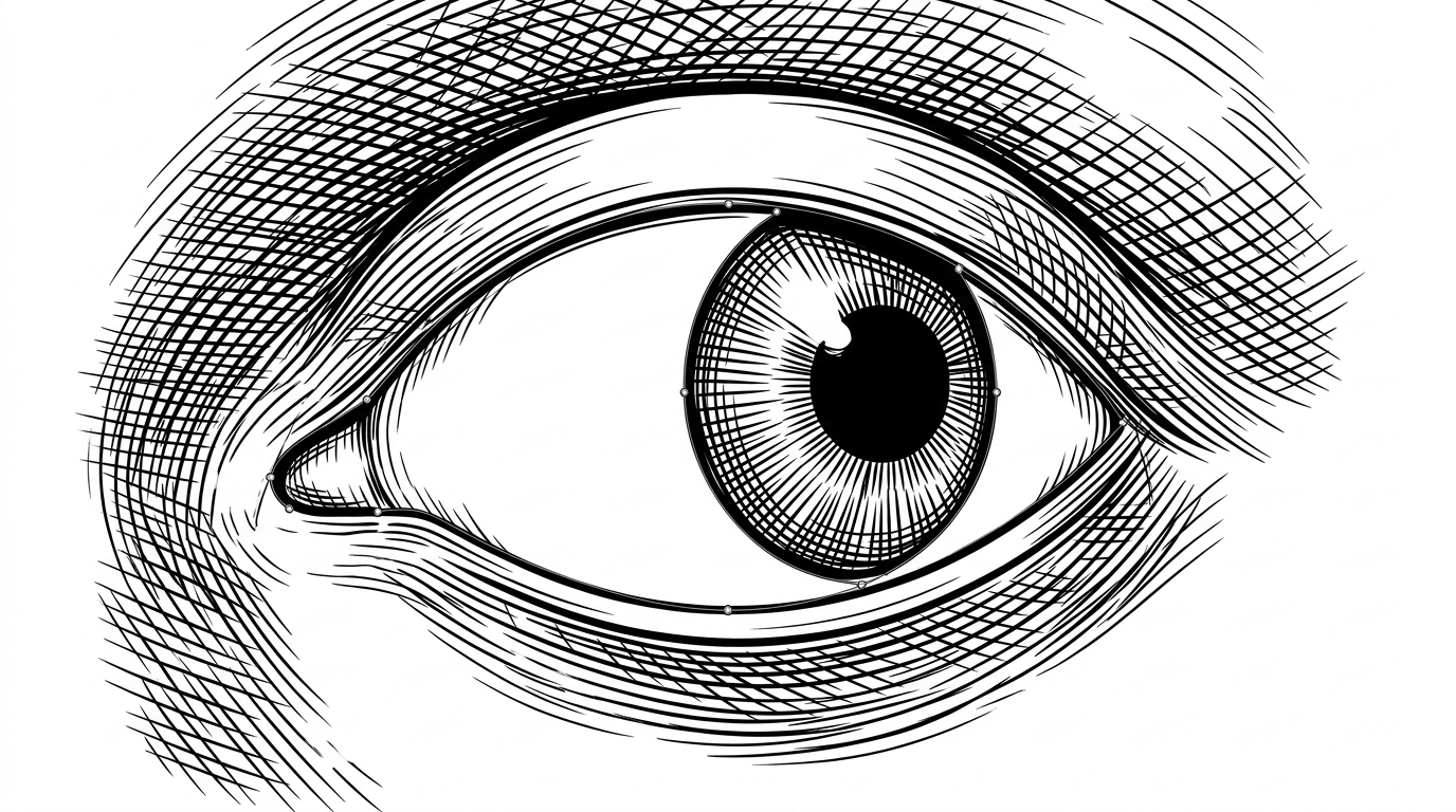 A close-up eye socket shows an iris sliding behind a precise stencil boundary while the white of the eye acts as a clean mask. The image explains how a GPU-era clipping trick solves a very specific character animation problem without bleeding outside the socket.