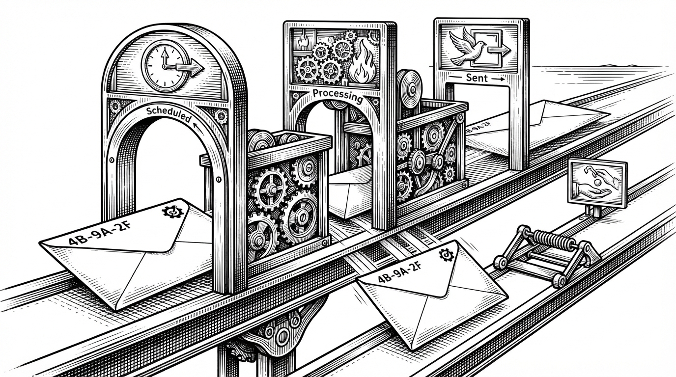 A close-up scene shows a single sealed envelope with a deterministic ID moving through three narrow gates labeled by their function: scheduled, processing, and sent. A side rail labeled stalled recovery pulls a dropped envelope back into line. The image explains how the worker uses explicit state transitions and recovery to avoid duplicate delivery and stranded jobs.