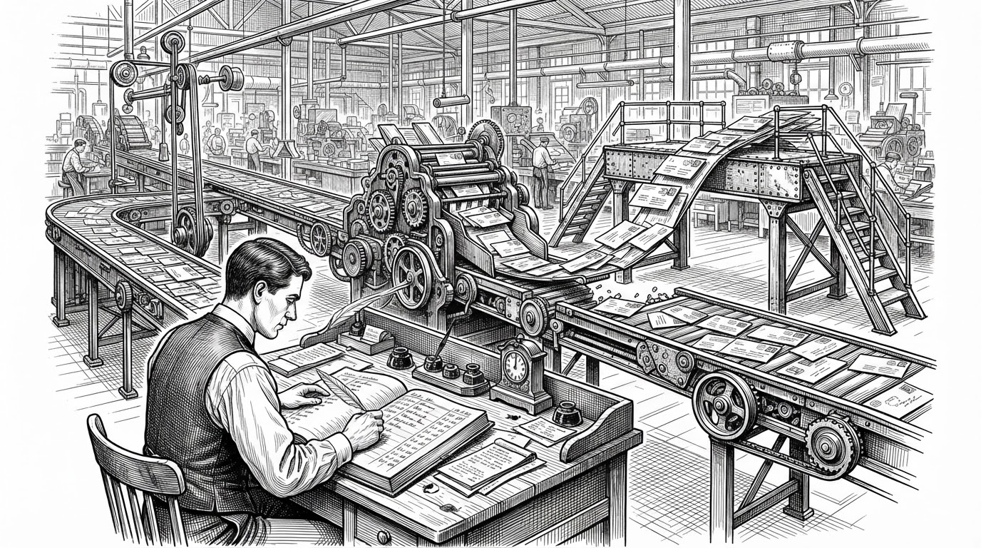 A wide editorial scene shows a conveyor of stamped envelopes moving through a machine governed by a central ledger. A clerk in the foreground writes future send times into the ledger, while a broken section of conveyor is bypassed by a repair bridge that reroutes envelopes without stopping the flow. The image explains that the system treats delivery as a durable timeline, not a disposable queue.