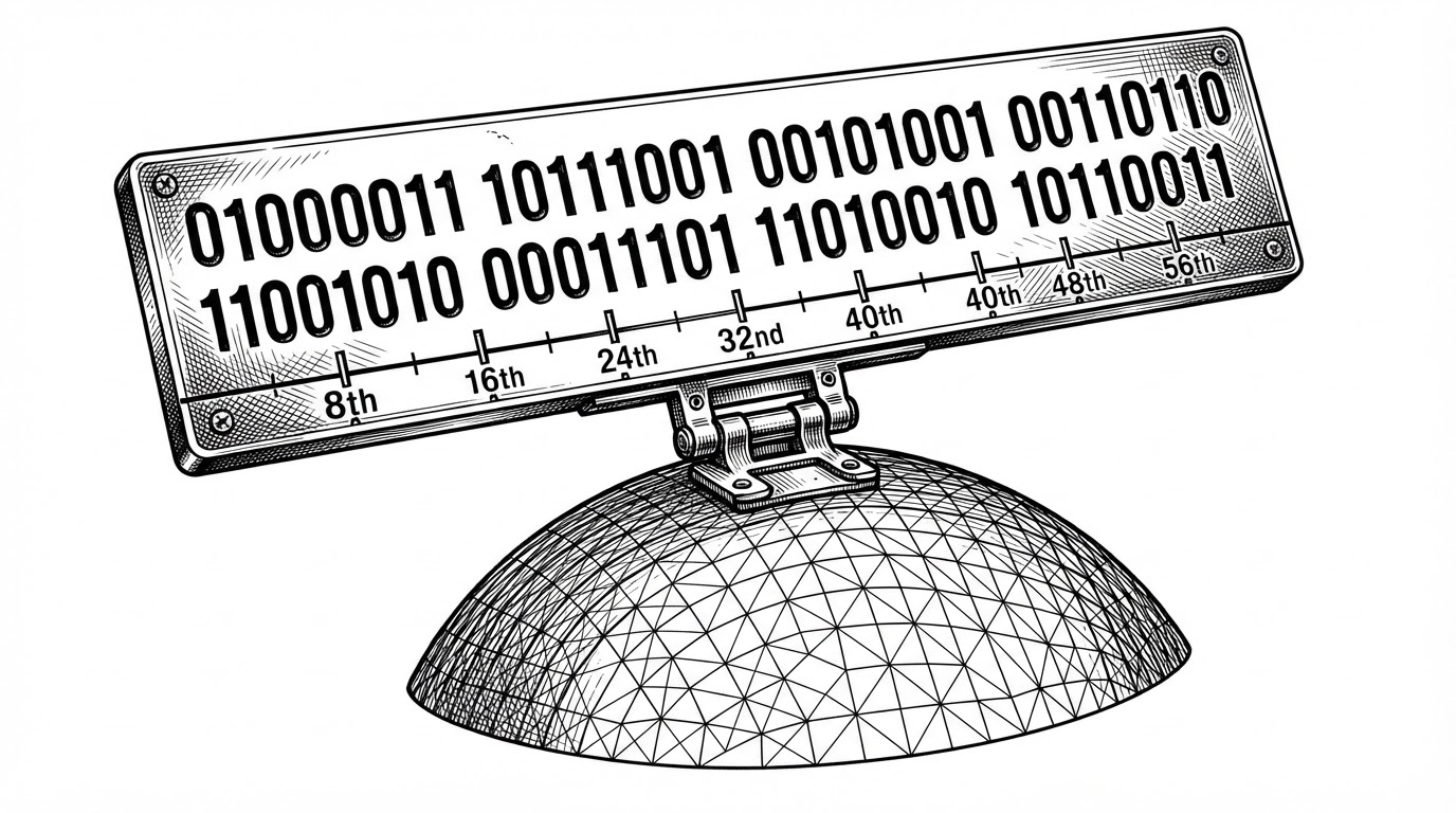 A close-up of a single 64-bit S2 cell ID shown like a ledger tile, with bit positions, parent and child splits, and a narrow bridge connecting the integer to a tiny patch of spherical surface. The image explains how hierarchy and traversal live inside one integer.