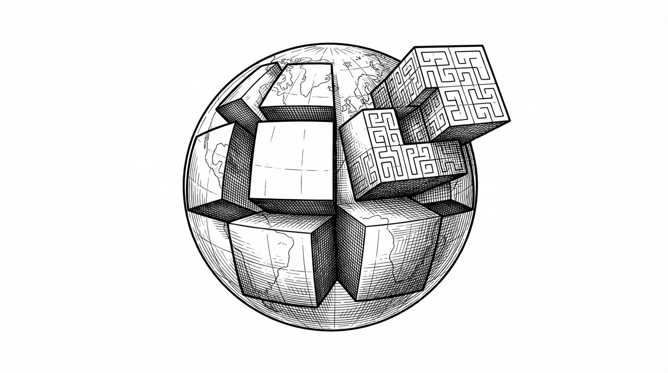 A globe unfolds into six cube faces, and one face subdivides into smaller square cells while a thin path traces locality across them. The image explains how S2 turns spherical geography into a hierarchical index without flattening the Earth.
