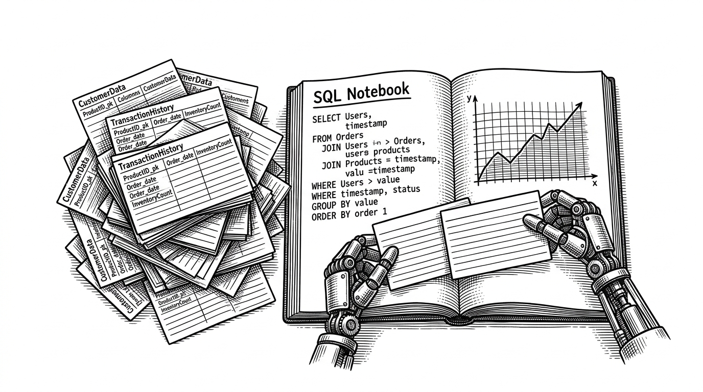 A wide desk scene shows a SQL notebook at the center, with messy database tables piled on one side and a clean query plus chart forming on the other. A small assistant machine passes cards back and forth between them, explaining that the tool behaves like an iterative notebook instead of a one-shot prompt box.
