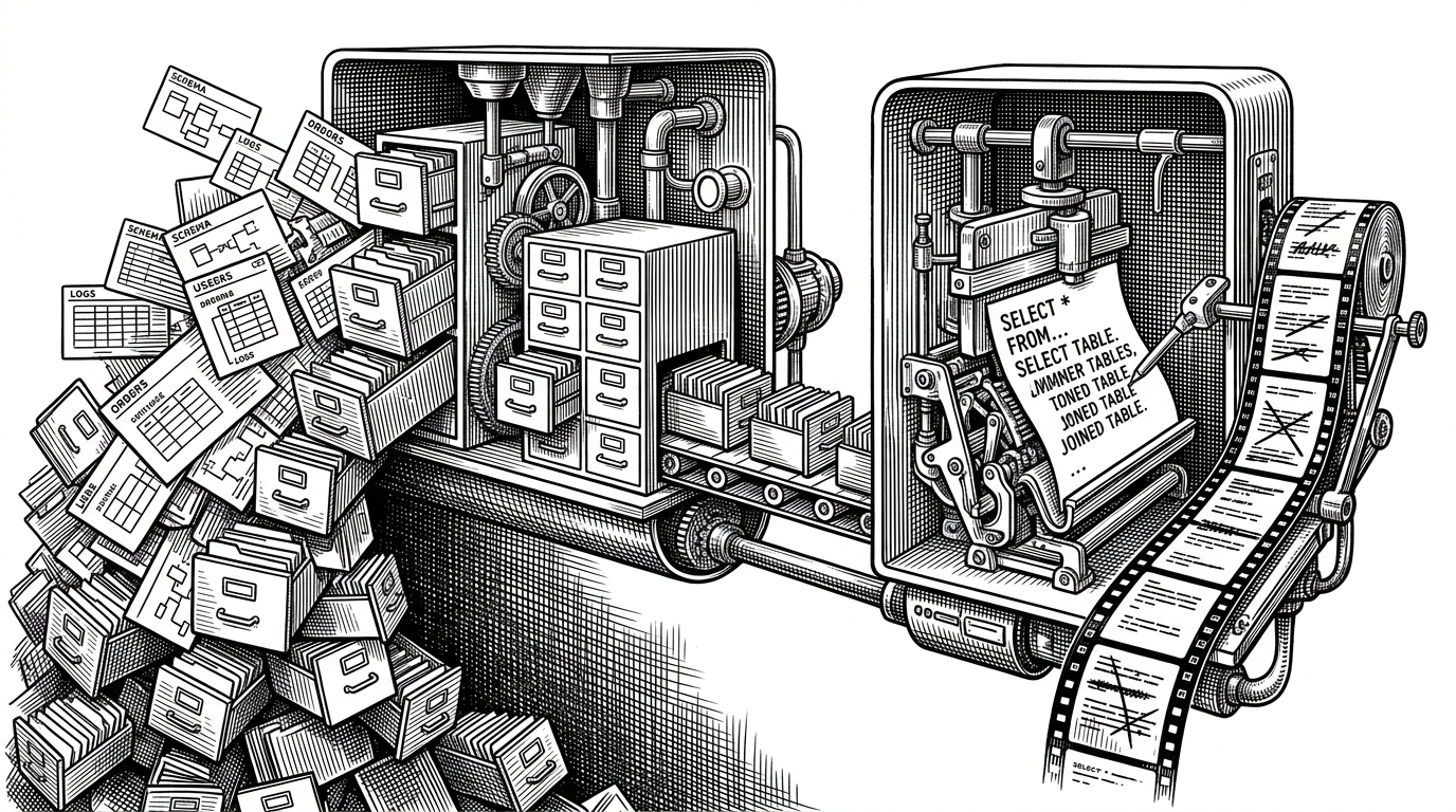 A close-up machine accepts a flood of table drawers on one side, filters them down to a handful of relevant drawers, and then assembles a precise SQL query from the reduced set. A thin rail carries previous edits beside the main path, showing that the system narrows context without losing history.