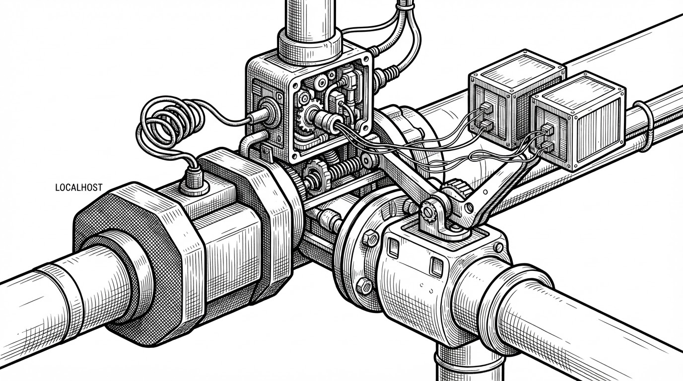 A close-up of a gate or valve inside a container network, with one side sealed to localhost traffic and the other side opened to sibling containers. The image explains the security and convenience tradeoff behind the NON_LOCAL_TRAFFIC setting.