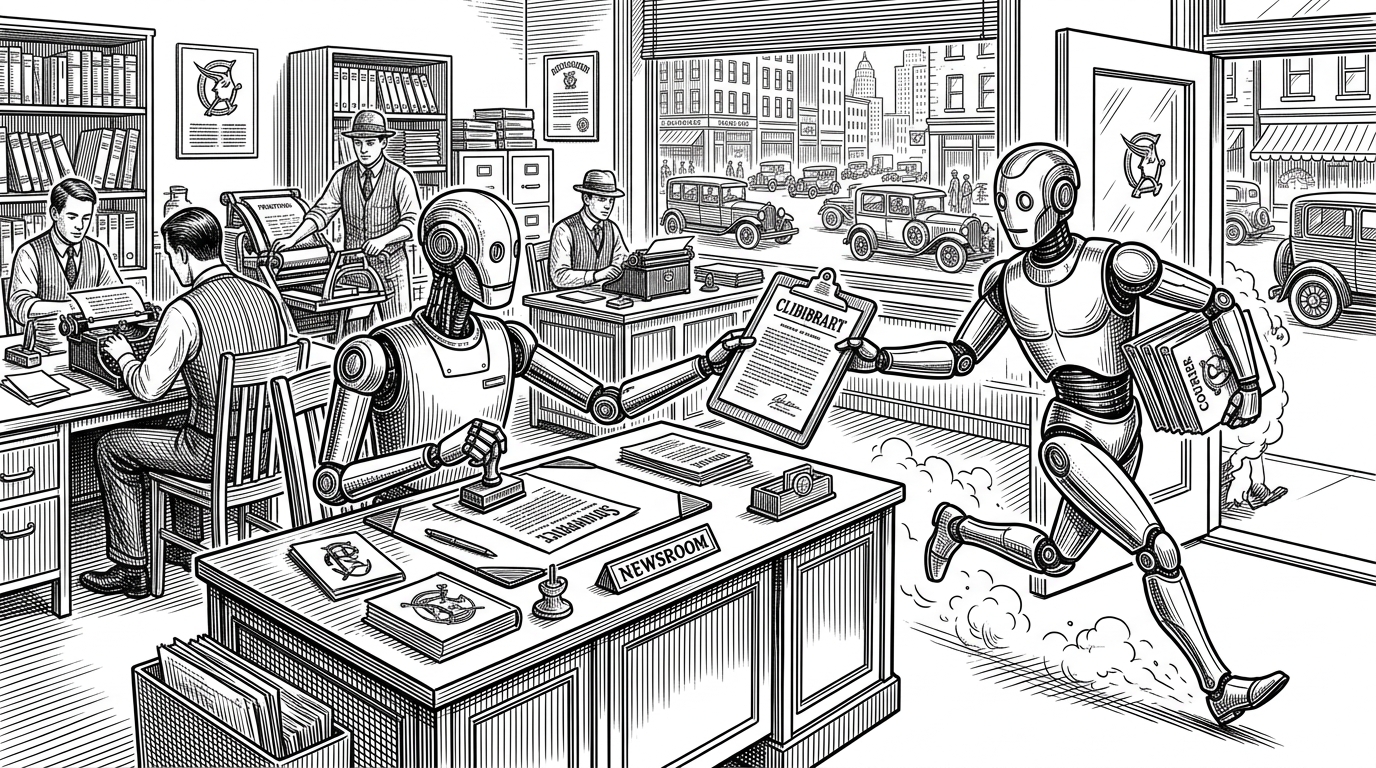 A mechanical arm hands a clipboard to a robotic courier in a 1920s newsroom, representing Claude delegating tasks to Grok.