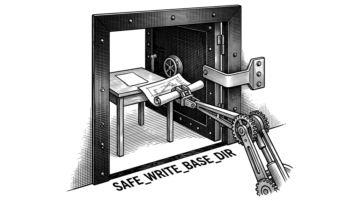 A mechanical arm reaches into a vault but is stopped by a painted boundary line labeled SAFE_WRITE_BASE_DIR.