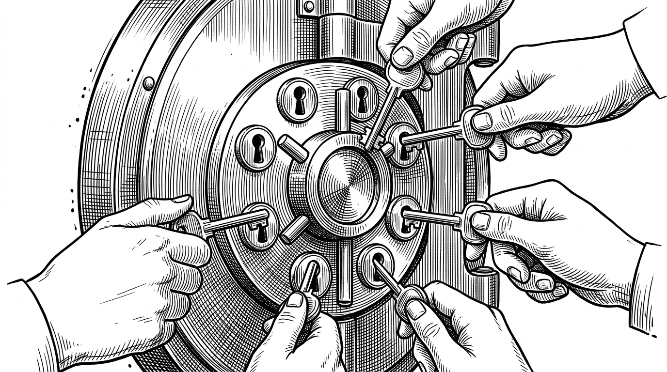 A heavy circular steel bank vault door with multiple distinct keyholes arranged in a circle. Several different human hands are simultaneously inserting and turning keys to unlock it.