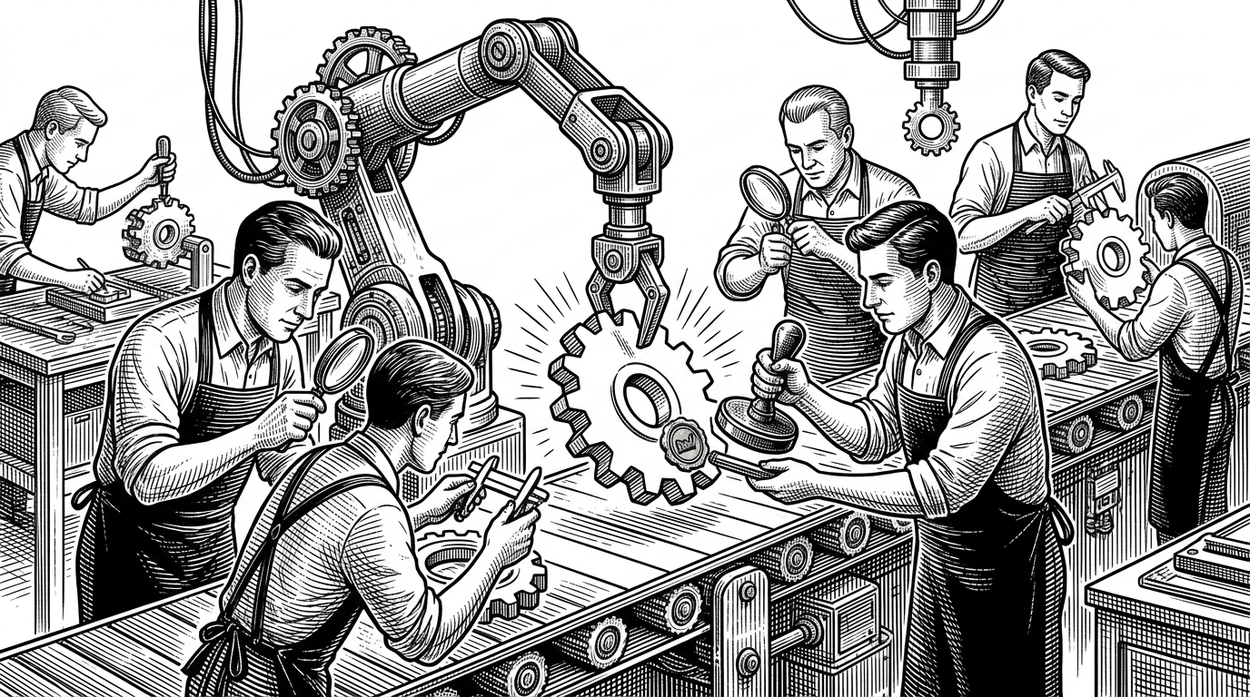 A robotic arm drops a gear onto a conveyor belt where human workers inspect it with calipers and magnifying glasses before stamping it for approval. This represents the AI generating logic that humans must manually verify.