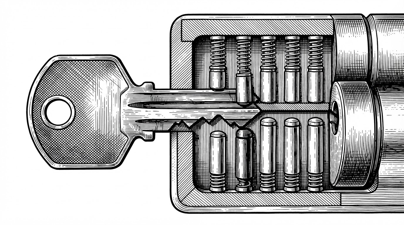 An editorial ink illustration, a tight close-up of a key turning inside a lock, with the internal tumblers and pins visible in cross-section as precisely cut metal teeth. It depicts a configure-time guard: a mechanical gate that only opens when every condition lines up exactly, the same way LDK's build system refuses to proceed unless the runtime settings match.